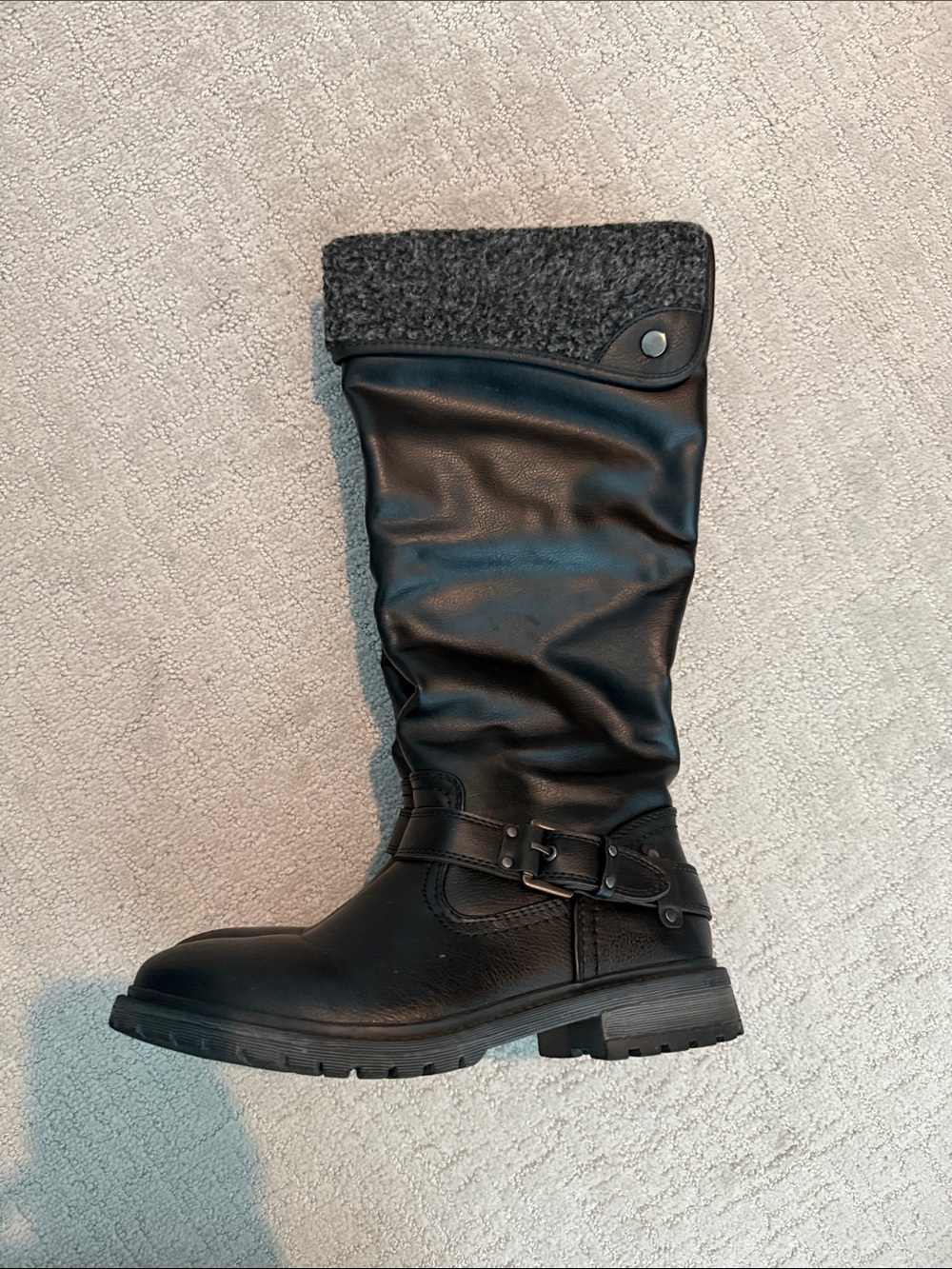 bucco Black Faux Leather Boots with Knit Cuff and Ankle Strap